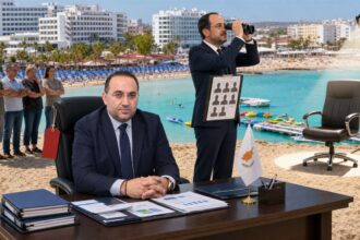 Σατιρική πολιτική εικονογράφηση με τον Κώστα Κουμή να εργάζεται σε γραφείο στην παραλία του Παραλιμνίου, τον Νίκο Χριστοδουλίδη να αναζητεί με κιάλια αντικαταστάτη και κατοίκους να αντιδρούν