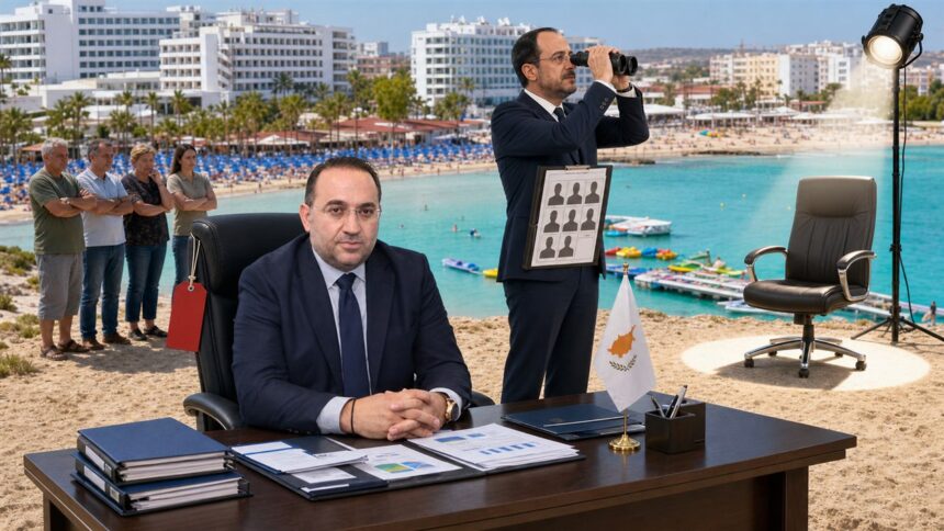 Σατιρική πολιτική εικονογράφηση με τον Κώστα Κουμή να εργάζεται σε γραφείο στην παραλία του Παραλιμνίου, τον Νίκο Χριστοδουλίδη να αναζητεί με κιάλια αντικαταστάτη και κατοίκους να αντιδρούν