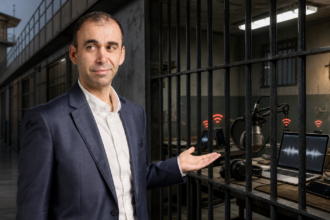 Πολιτική εικονογράφηση με τον βουλευτή του ΑΚΕΛ Ανδρέα Πασιουρτίδη μπροστά από κελιά, κινητά τηλέφωνα και εξοπλισμό podcast