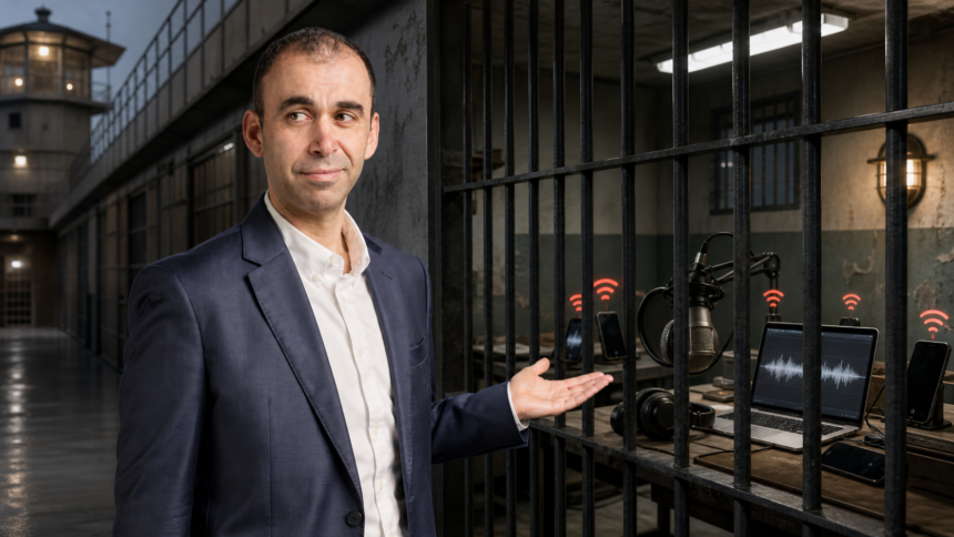 Πολιτική εικονογράφηση με τον βουλευτή του ΑΚΕΛ Ανδρέα Πασιουρτίδη μπροστά από κελιά, κινητά τηλέφωνα και εξοπλισμό podcast