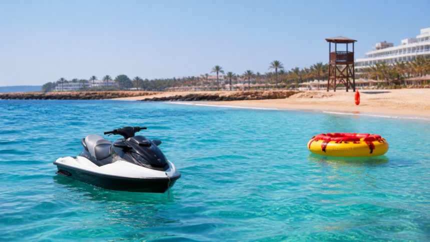 Jet ski και φουσκωτό θαλάσσιο παιχνίδι σε παραλία της Κύπρου, εικονογράφηση για την ασφάλεια στα θαλάσσια σπορ