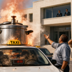 Σατιρική εικονογράφηση με ταξί να μετατρέπεται σε καζάνι που βράζει έξω από κυβερνητικό κτίριο, ενώ αξιωματούχοι παρακολουθούν από το παράθυρο