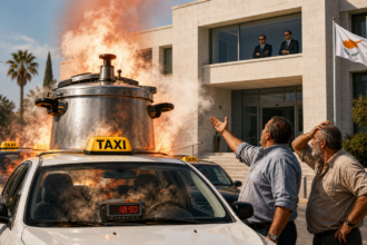 Σατιρική εικονογράφηση με ταξί να μετατρέπεται σε καζάνι που βράζει έξω από κυβερνητικό κτίριο, ενώ αξιωματούχοι παρακολουθούν από το παράθυρο