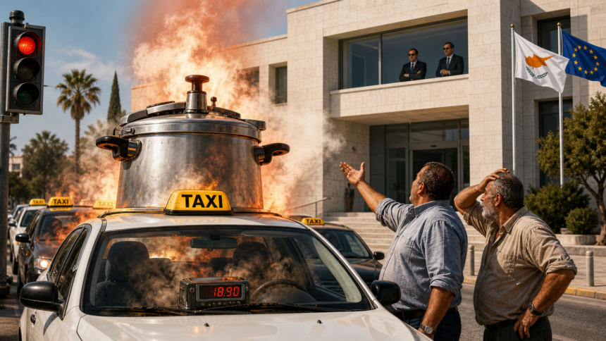Σατιρική εικονογράφηση με ταξί να μετατρέπεται σε καζάνι που βράζει έξω από κυβερνητικό κτίριο, ενώ αξιωματούχοι παρακολουθούν από το παράθυρο