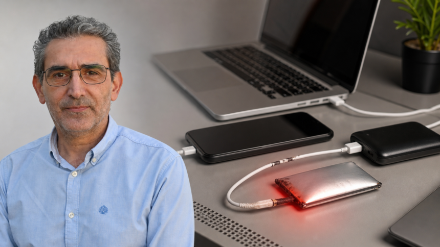 Ο Θωμάς Μίτας δίπλα σε κινητό, laptop, power bank και μπαταρία που εμφανίζει ένδειξη υπερθέρμανσης