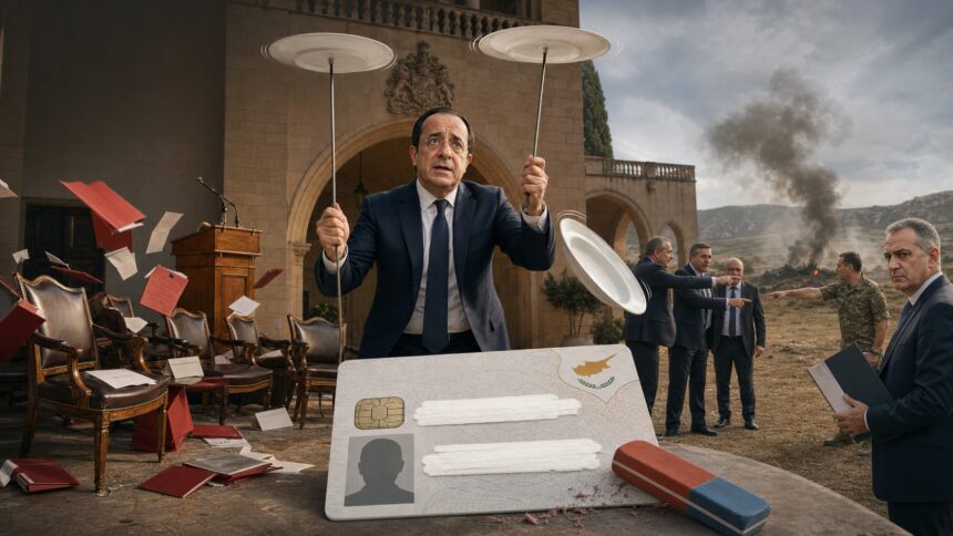 Σατιρική πολιτική εικονογράφηση με τον Νίκο Χριστοδουλίδη να προσπαθεί να κρατήσει τρία πιάτα στον αέρα, ενώ γύρω του επικρατεί αναστάτωση για τον ανασχηματισμό, τις ταυτότητες και την πυρκαγιά στο πεδίο βολής