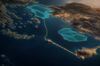 Πρωτότυπη εικονογράφηση του Αιγαίου και της Ανατολικής Μεσογείου με θαλάσσιες ζώνες και υποθαλάσσιο ηλεκτρικό καλώδιο