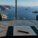 Αίθουσα στρατηγικού σχεδιασμού με χάρτες και θέα σε πολεμικά πλοία στο Αιγαίο