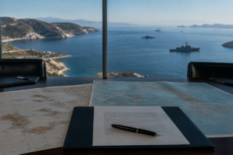 Αίθουσα στρατηγικού σχεδιασμού με χάρτες και θέα σε πολεμικά πλοία στο Αιγαίο