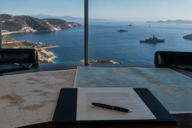 Αίθουσα στρατηγικού σχεδιασμού με χάρτες και θέα σε πολεμικά πλοία στο Αιγαίο