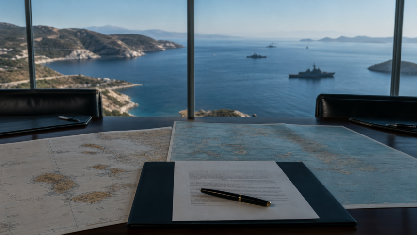 Αίθουσα στρατηγικού σχεδιασμού με χάρτες και θέα σε πολεμικά πλοία στο Αιγαίο