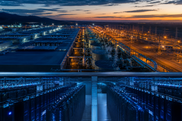 Μεγάλο data center και ηλεκτρικός υποσταθμός που συμβολίζουν τη στρατηγική ισχύ της τεχνητής νοημοσύνης