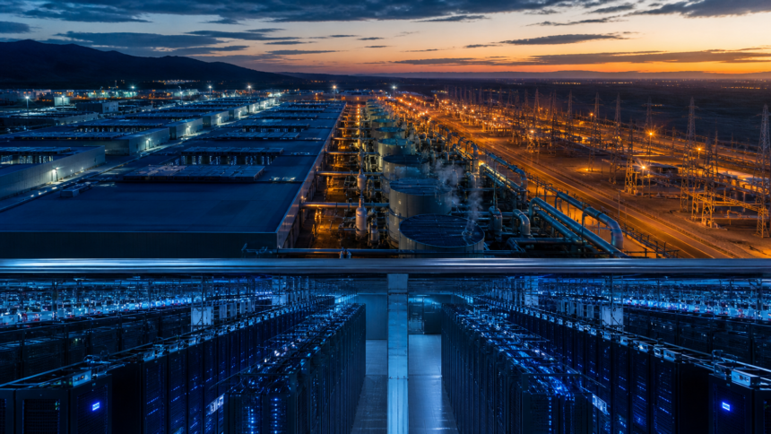 Μεγάλο data center και ηλεκτρικός υποσταθμός που συμβολίζουν τη στρατηγική ισχύ της τεχνητής νοημοσύνης