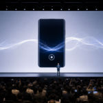 Σκηνή παγκόσμιας παρουσίασης smartphone με αφηρημένο δίκτυο τεχνητής νοημοσύνης