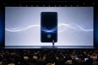 Σκηνή παγκόσμιας παρουσίασης smartphone με αφηρημένο δίκτυο τεχνητής νοημοσύνης