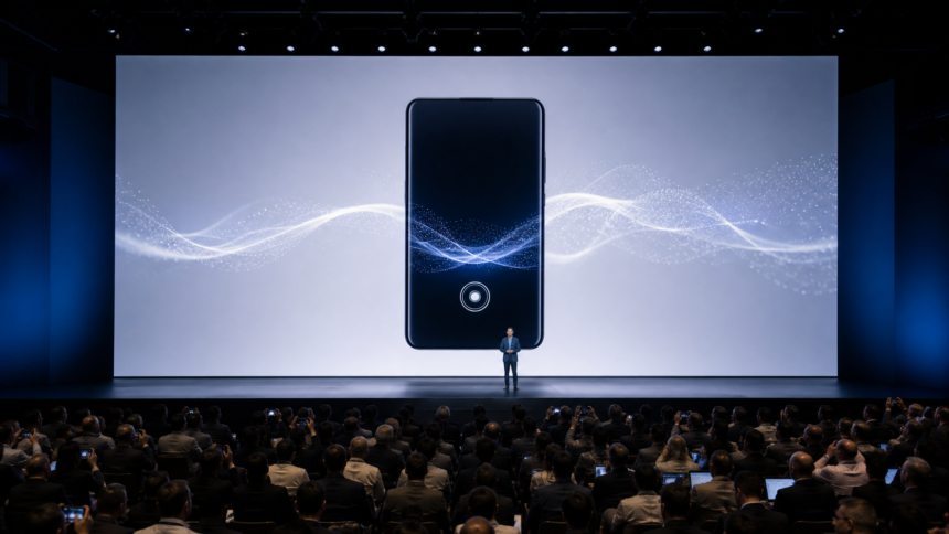 Σκηνή παγκόσμιας παρουσίασης smartphone με αφηρημένο δίκτυο τεχνητής νοημοσύνης