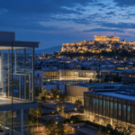 Συμβολική σύνθεση με επιχειρηματικά γραφεία και την Ακρόπολη στο βάθος