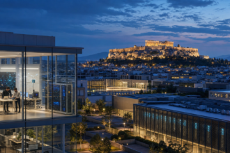 Συμβολική σύνθεση με επιχειρηματικά γραφεία και την Ακρόπολη στο βάθος