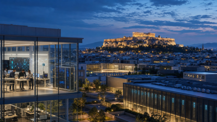 Συμβολική σύνθεση με επιχειρηματικά γραφεία και την Ακρόπολη στο βάθος