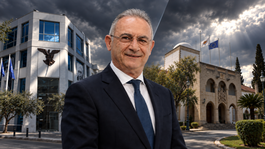 Φωτοσύνθεση του Αβέρωφ Νεοφύτου με τα κτίρια του ΔΗΣΥ και του Προεδρικού στο φόντο