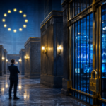 Συμβολικός ευρωπαϊκός ρυθμιστικός διάδρομος μπροστά από πλατφόρμα crypto