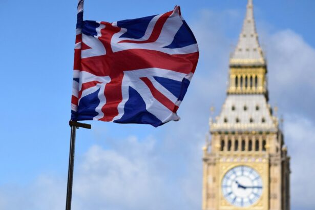 Η βρετανική σημαία σε πρώτο πλάνο και ο πύργος του Μπιγκ Μπεν στο Λονδίνο