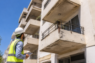 Μηχανικός ελέγχει παλαιά πολυκατοικία ενόψει νομοθετικών αλλαγών για την ασφάλεια κτηρίων