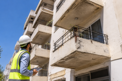 Μηχανικός ελέγχει παλαιά πολυκατοικία ενόψει νομοθετικών αλλαγών για την ασφάλεια κτηρίων