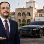 Σατιρική φωτοσύνθεση του Νίκου Χριστοδουλίδη με απορημένη χειρονομία, μαύρη λιμουζίνα και το Προεδρικό στο βάθος