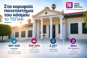 Επίσημη αφίσα ΤΕΠΑΚ για την κατάταξη THE 2027, με φωτογραφία του πανεπιστημίου και τη ζώνη 501–550
