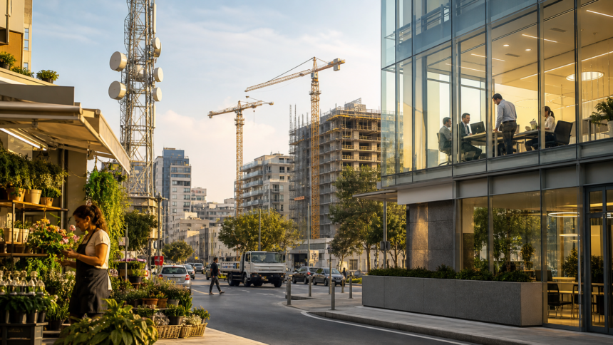 Σύγχρονη κυπριακή πόλη με εμπόριο, τηλεπικοινωνίες, χρηματοοικονομικά γραφεία και κατασκευές