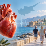 Εικονογραφική σύνθεση με ανθρώπινη καρδιά και ανθρώπους που περπατούν σε παραθαλάσσιο τοπίο της Κύπρου