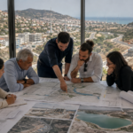 Μηχανικοί και σχεδιαστές εξετάζουν χάρτες και σχέδια έργων υποδομής στην Κύπρο