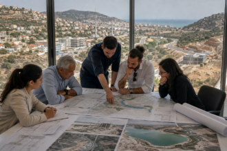 Μηχανικοί και σχεδιαστές εξετάζουν χάρτες και σχέδια έργων υποδομής στην Κύπρο