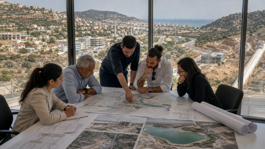 Μηχανικοί και σχεδιαστές εξετάζουν χάρτες και σχέδια έργων υποδομής στην Κύπρο