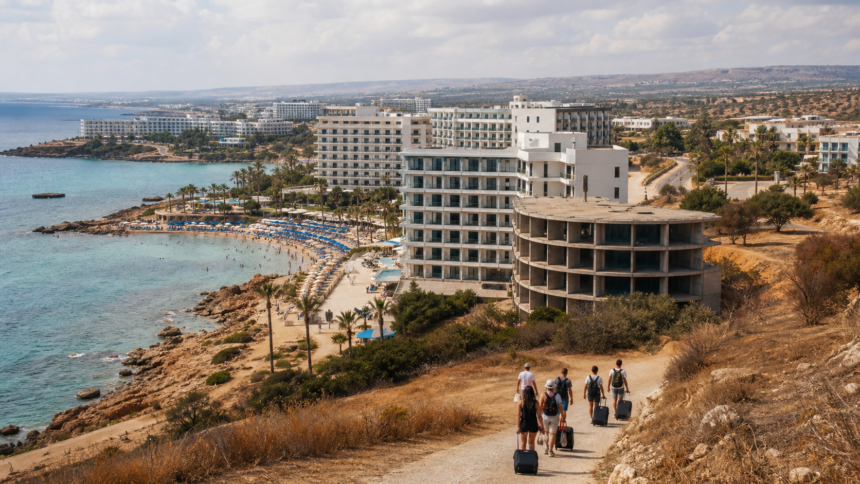 Παραθαλάσσια ξενοδοχειακή ζώνη της Κύπρου με διεθνείς ταξιδιώτες