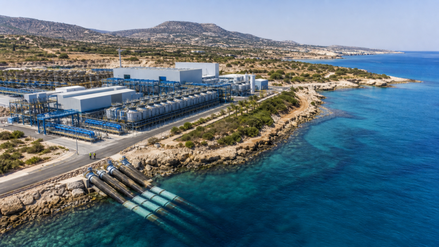 Κυπριακή ακτογραμμή με μονάδα αφαλάτωσης, ηλεκτρικό δίκτυο και δεξαμενές στρατηγικού αποθέματος νερού