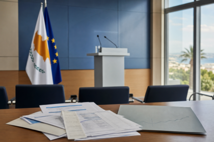 Κυπριακή αίθουσα ενημέρωσης με κρατική και ευρωπαϊκή σημαία και οικονομικούς φακέλους στο προσκήνιο