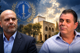 Ο Χρίστος Χρίστου και ο Ανδρέας Παπαχαραλάμπους σε σύνθεση με το Προεδρικό και το έμβλημα του ΕΛΑΜ