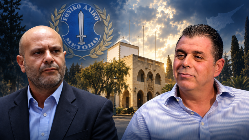 Ο Χρίστος Χρίστου και ο Ανδρέας Παπαχαραλάμπους σε σύνθεση με το Προεδρικό και το έμβλημα του ΕΛΑΜ
