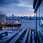 Συμβολική εικονογράφηση τερματικού LNG σε χειμερινό περιβάλλον