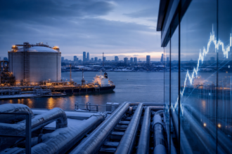 Συμβολική εικονογράφηση τερματικού LNG σε χειμερινό περιβάλλον