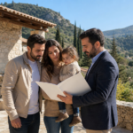 Οικογένεια εξετάζει έγγραφα κατοικίας σε ορεινό περιβάλλον
