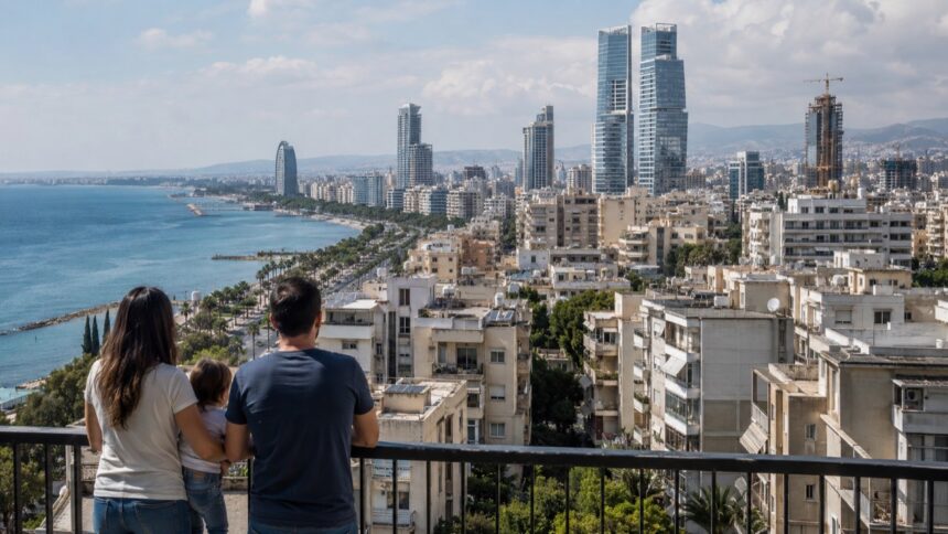Οικογένεια σε μπαλκόνι με θέα σε αστική παραλιακή περιοχή