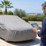Άνδρας με tablet δίπλα σε σταθμευμένο αυτοκίνητο