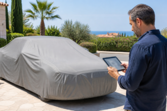 Άνδρας με tablet δίπλα σε σταθμευμένο αυτοκίνητο