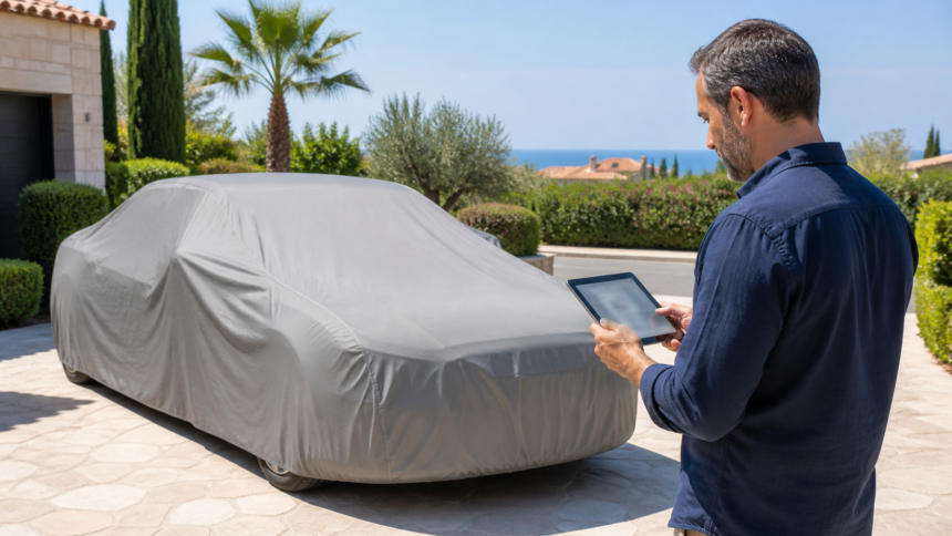 Άνδρας με tablet δίπλα σε σταθμευμένο αυτοκίνητο