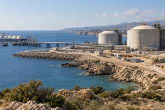 Εικονογραφική εικόνα τερματικού υγροποιημένου φυσικού αερίου σε μεσογειακή ακτή