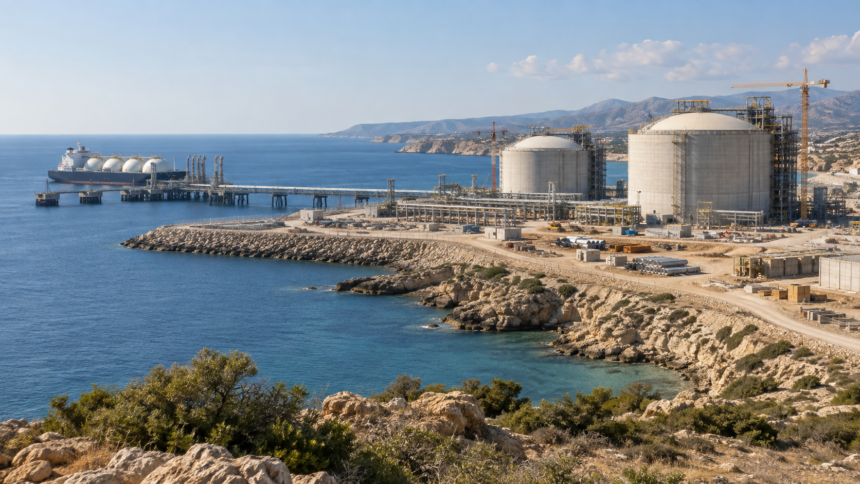 Εικονογραφική εικόνα τερματικού υγροποιημένου φυσικού αερίου σε μεσογειακή ακτή