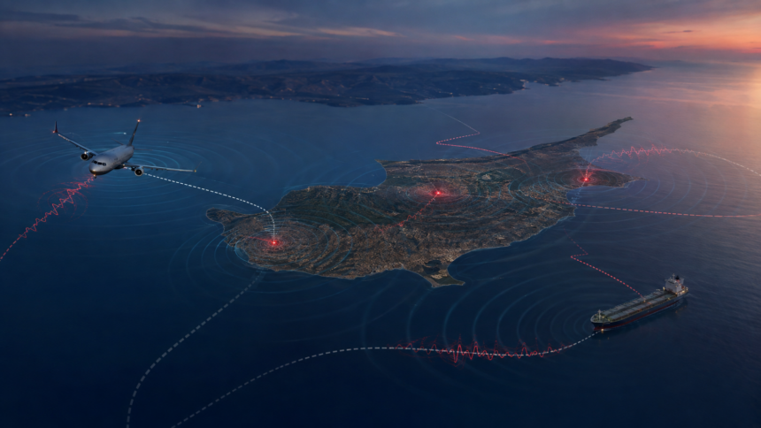 Συμβολική απεικόνιση αεροσκάφους πάνω από την Κύπρο με παρεμβολές σε δορυφορικό σήμα πλοήγησης